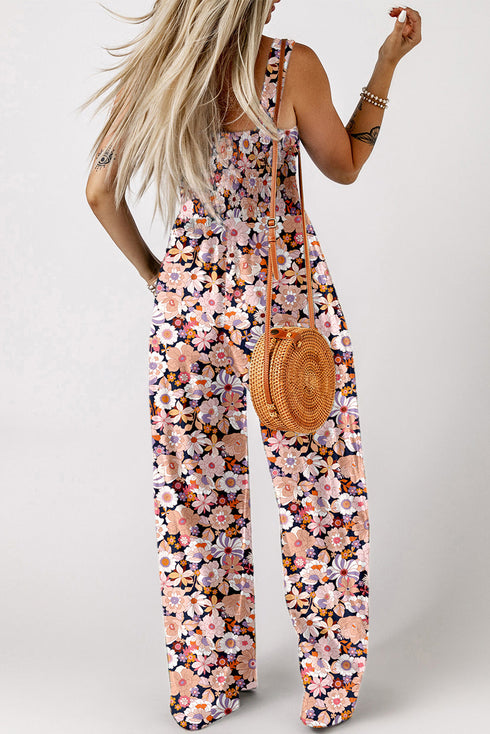 Retro Floral Print Smocked Bodice Wide Leg Jumpsuit
